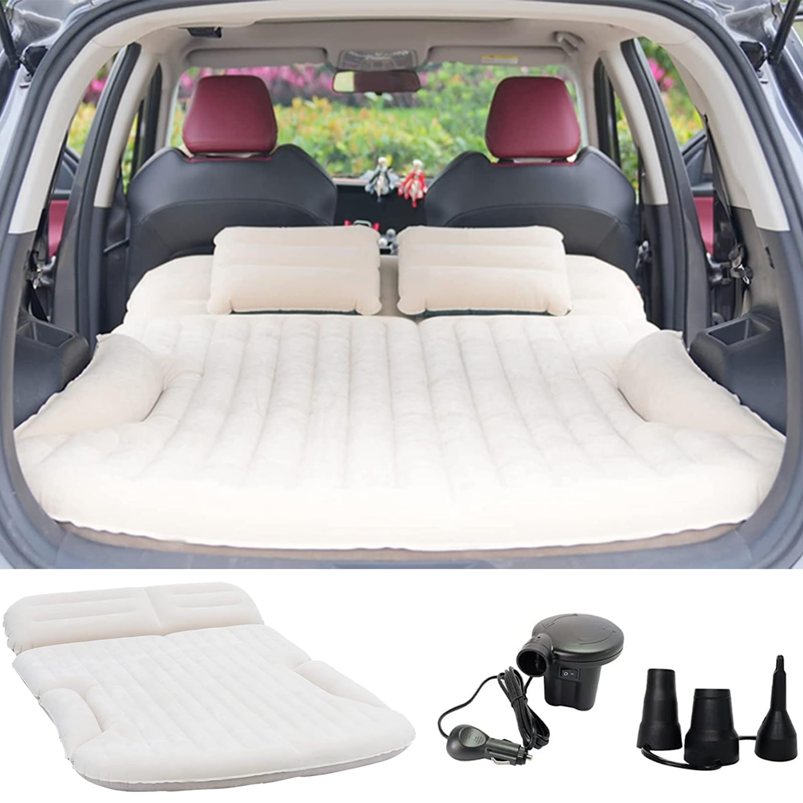 QDH SUV Air Mattress Thickened and Double-Sided Flocking Travel Camping Bed with 2 Pillows & Electric Pump Dedicated Mobile Cushion Inflatable Bed for SUV Trunk and Rear Seat (Beige and Coffee)
