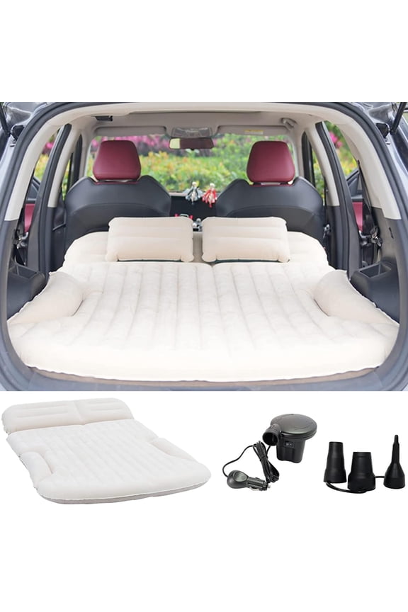 SUV Air Mattress Thickened and Double-Sided Flocking Travel Camping Bed with 2 Pillows & Electric Pump Dedicated Mobile Cushion Inflatable Bed for SUV Trunk and Rear Seat (Beige and Coffee)