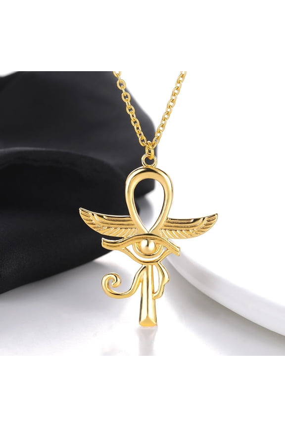 Eye of Horus Egypt Wing Protection Charm Pendant Ankh Cross Religious Necklace for Women Choker 14k Yellow Gold Jewelry Pendant