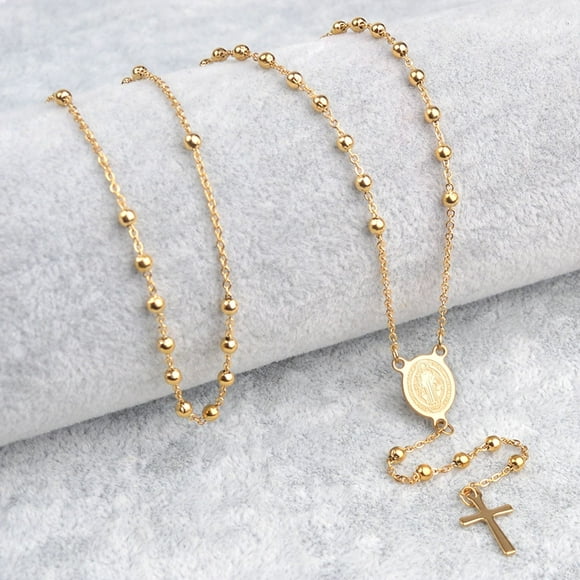 Virgin Mary St Benedict Catholic Prayers 14K Yellow Gold Women Religious Long Rosary Necklace