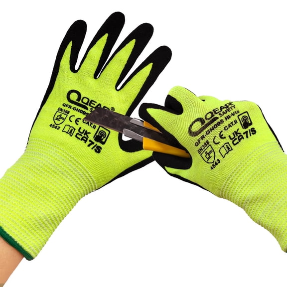 QEAR 2 Prs Pack Hi Visibility Yellow Cut Resistance Work Safety Gloves, Nitrile Foam Palm Coated, Touch Screen, Superior Grip and Abrasion, Size Large