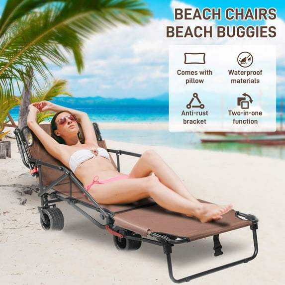 Arshin 2 in 1 Beach Cart Chairs with Wheels,4 Wheels Folding Beach Chair,Foldable Tanning Chair Beach Lounge Chair for Outdoor, Beach, Pool, Sunbathing
