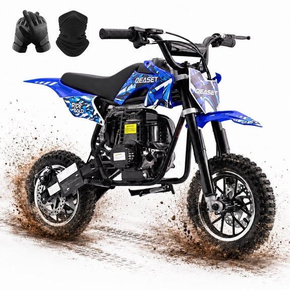 QEASET Mini Bicycles Ride-On Toy, 39cc 4-Stroke Gas Powered Off-Road Motorcycle with Rear Suspension & Disc Brakes, 18 MPH Top Speed, Supports Up to 165 lbs, Blue
