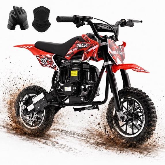 QEASET Red 39cc 4-Stroke Gas Mini Bicycle Ride-On Toy Off-Road Motorcycle, Rear Suspension, Disc Brakes, 165 lbs Capacity