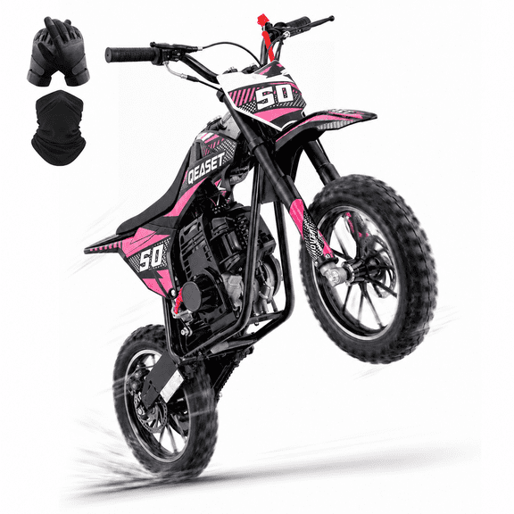QEASET Mini Gas Powered Ride-On Motorcycle, 39CC 4-Stroke Engine with Disc Brakes, 20 MPH Top Speed, 6.3" Ground Clearance, Supports Up to 165 lbs, Minimal Assembly, Pink