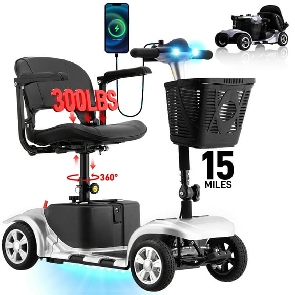 Arshin Mobility Scooter,4 Wheel Mobility Scooter for Adults,Senior,Electric Powered Wheelchair Chargeable Device for Travel,Silver