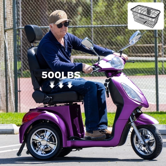 New & Improved 3-Wheel Mobility Scooter for Adults & Seniors - 500 lb Heavy Duty Capacity,31-Mile Range,800W Power for Outdoor Use by Arshin,All-Day Riding,Easy to Use(Purple)