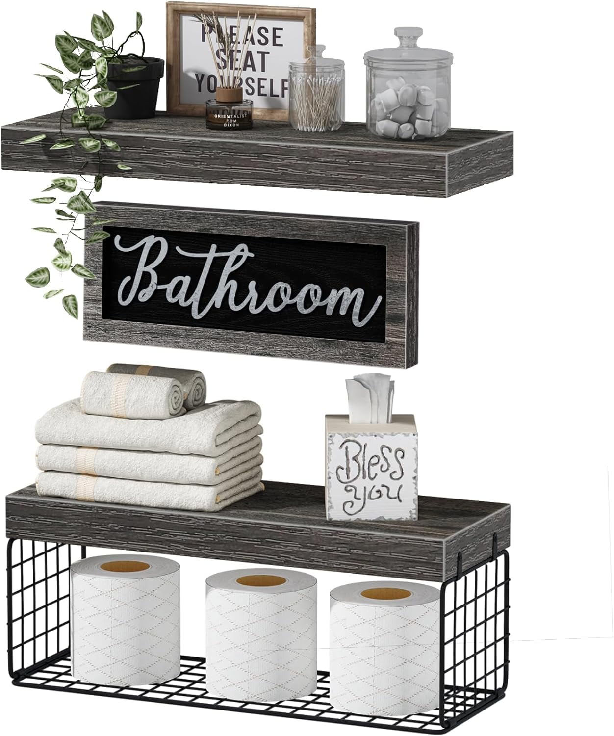 Gray MDF Floating Shelves with Metal Basket, Set of 3