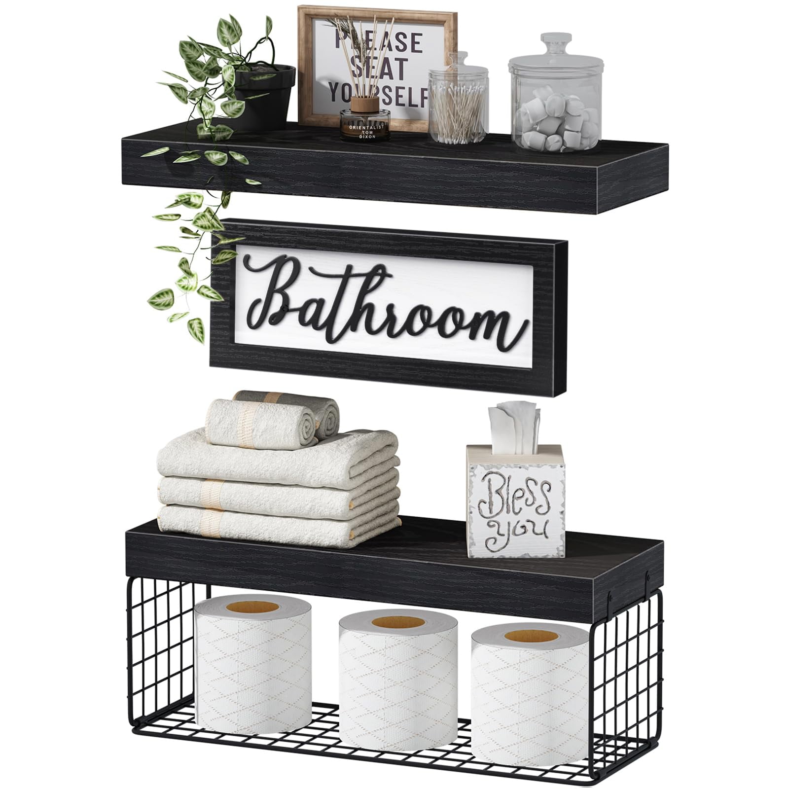 QEEIG Bathroom Shelves Over Toilet Paper Storage Wall Mounted Farmhouse ...