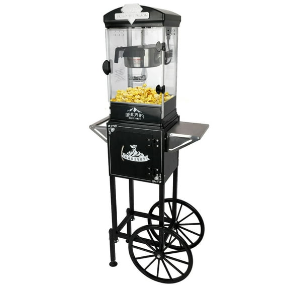 QEEKA 10 Oz Popcorn Machine with Cart on Wheels,Includes 3 Measuring Spoons,40-Cup Output, Black,for Home Theater and Events