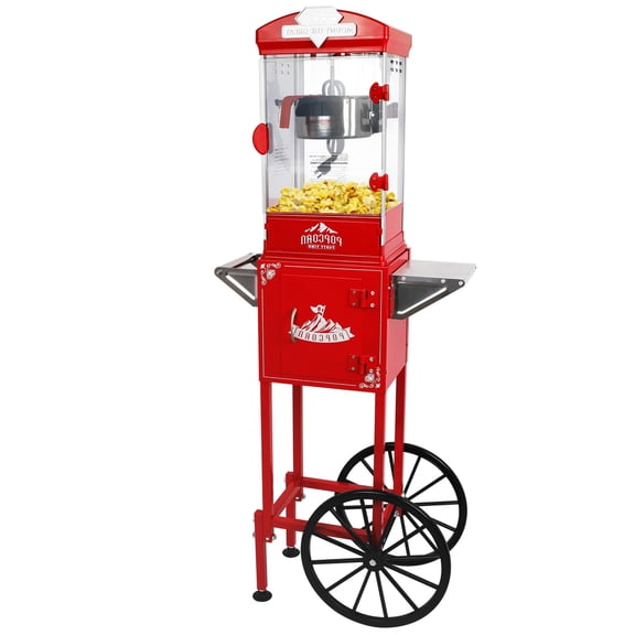 QEEKA 10Oz Commercial Popcorn Machine with Cart - Stainless Steel Popper with Wheels,Kernel Tray & Warming Deck,Includes 3 Measuring Spoons,Ideal for Home Theater,Parties & Events(Red)