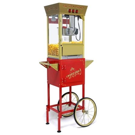 QEEKA 12 Oz Vintage Style Popcorn Machine with Cart - Stainless Steel Kettle,Tempered Glass Window & 8" Warming Shelf,for Theater,Parties and Concession Stands,Red-Golden