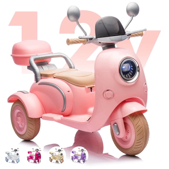 QEEKA 12V Electric Kids Motorcycle,2 Seater Ride on 3 Wheel Scooter,Multi-function player,USB,Bluetooth,light,Backseat flip adult seat,Oversized Storage Box for kids Aged 3+,Pink