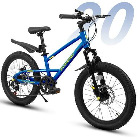 QEEKA 20 Inch Kids Mountain Bike，4.0"/2.125" Wide Non-Slip Tires,7-Speed with Front Suspension,Dual Disc Brakes and Steel Frame,Kids MTB Bicycle for Ages 6-12 Years Old,Blue