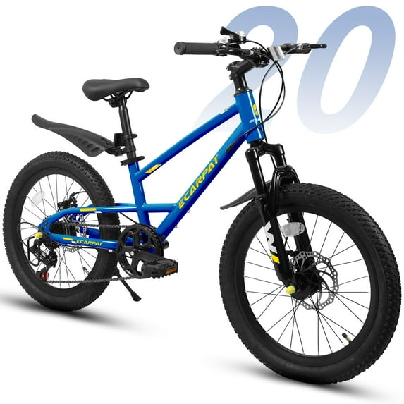 QEEKA 20 Inch Kids Mountain Bike,4.0"/2.125" Wide Non-Slip Tires,7-Speed with Front Suspension,Dual Disc Brakes and Steel Frame,Kids MTB Bicycle for Ages 6-12 Years Old,Blue