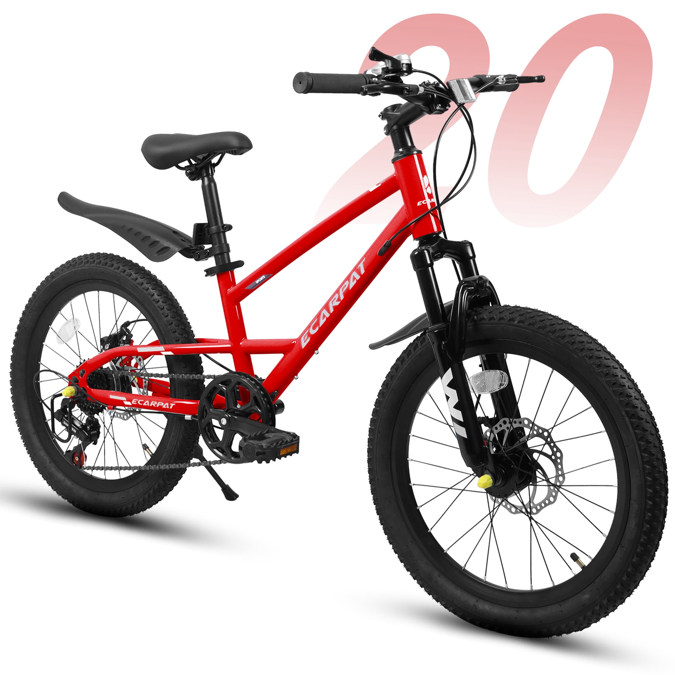 QEEKA 20 Inch Kids Mountain Bike，4.0"/2.125" Wide Non-Slip Tires,7-Speed with Front Suspension,Dual Disc Brakes and Steel Frame,Kids MTB Bicycle for Ages 6-12 Years Old,Red