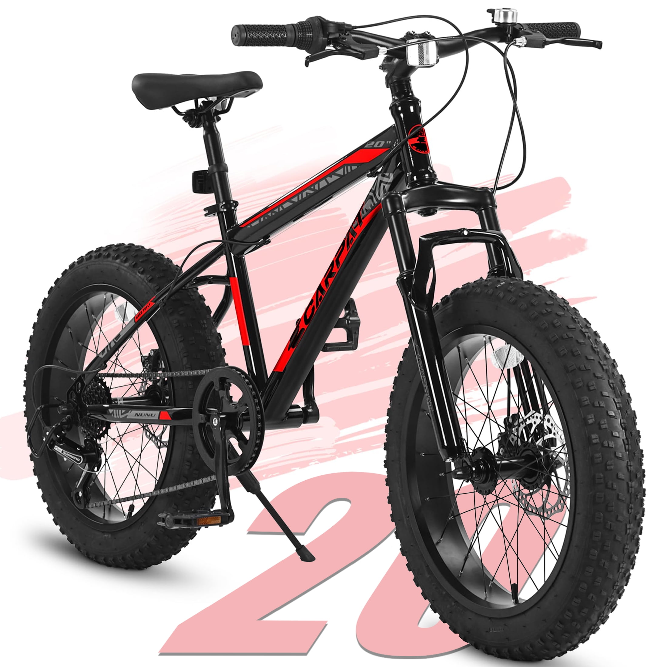 QEEKA 20 Inch Mountain Bike for Kids and Teenagers, High Carbon Steel Frame, Disc Brakes, Durable Wide Tires, Front Suspension, 7-Speed, Ideal for Snow and Off-Road Riding,Black+Red