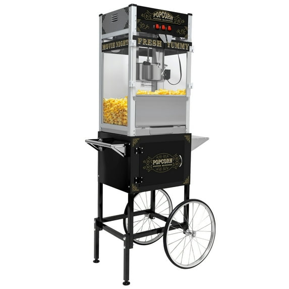 QEEKA 20Oz Commercial Popcorn Machine with Cart - 1440W Vintage Style Popper,Tempered Glass & Warming Deck,on Wheels for Home Theater, Parties and Events,Black