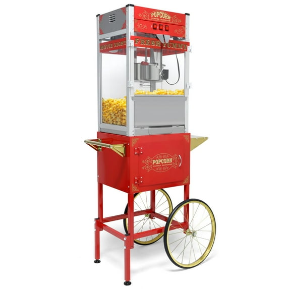 QEEKA 20Oz Vintage Style Popper,Commercial Popcorn Machine with Cart,1440W,Tempered Glass & Warming Deck,Wheels for Home Theater,Parties,Events,Red