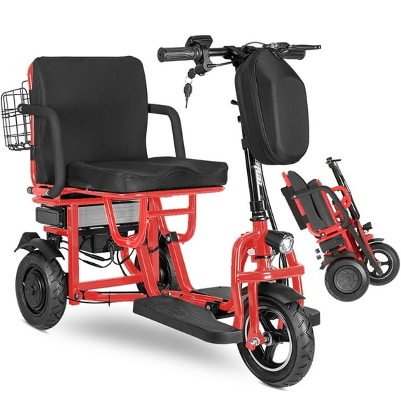 QEEKA 3-Wheel Foldable Mobility Scooter for Adults and Seniors, 300 lbs Capacity, Long-Range Lithium Battery, Lightweight with Basket,Red