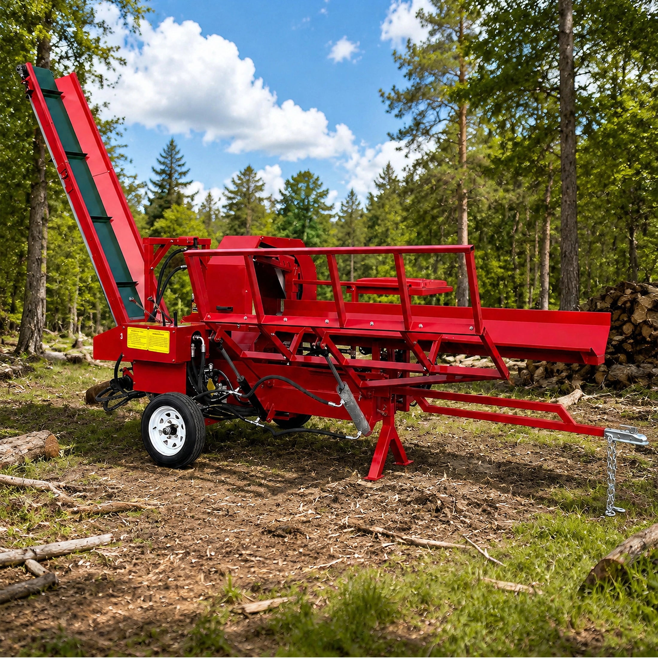 QEEKA 27T Firewood Processor & Log Splitter, 739cc Gas Engine, 17.32" Max Cut, 20" Chainsaw, Log Lifter, 3m Conveyor, 6-Way Hydraulic Wedge, Portable, for Home, Farm, Small Business