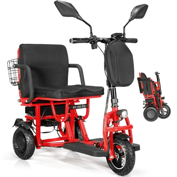 QEEKA Foldable 3 Wheel Mobility Scooter for Adults -20 mile Rang, Supports 300lbs, Electric Mobility Scooters for Seniors Lightweight with Basket,Red