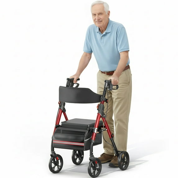 QEEKA Foldable Rollator Walkers with Seat for Seniors,350 lb Capacity,8'' Big Wheels,6-Position Height,Premium Hybrid Rolling Walker - Aluminum and Carbon Steel