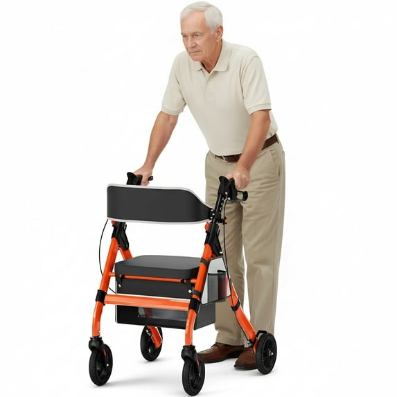 QEEKA Foldable Rollator Walkers with Seat for Seniors,450 lb Capacity,8" Wheels,18" Big Seat,6-Position Adjustable Height,Heavy-Duty Aluminum Rolling Walker