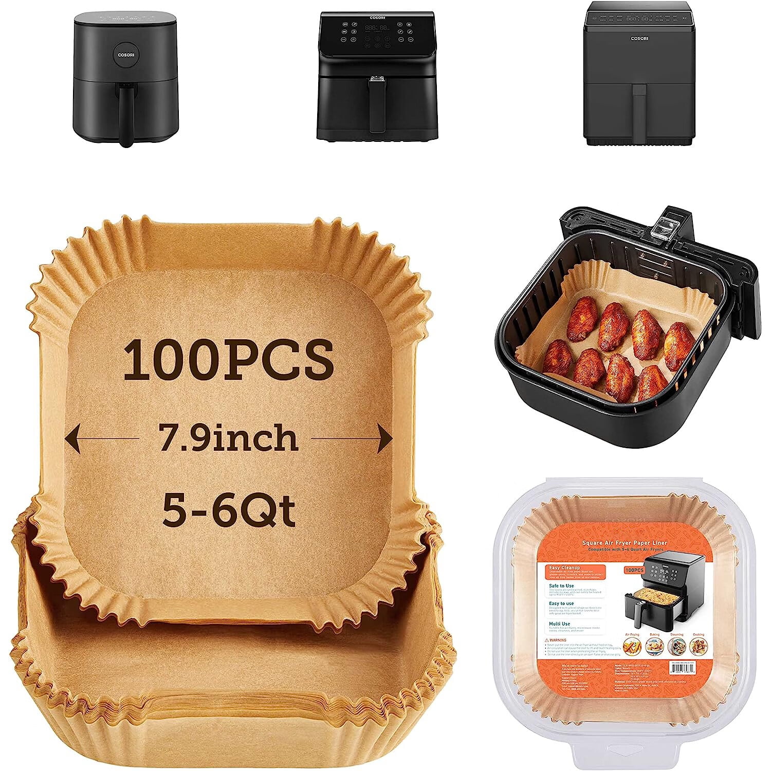 COSORI Air Fryer Liners, 100 PCS Square Disposable Paper Liners, Non-Stick  Silicone Oil Coating, Little to No Cleaning, 7.9 Unbleached Food Grade