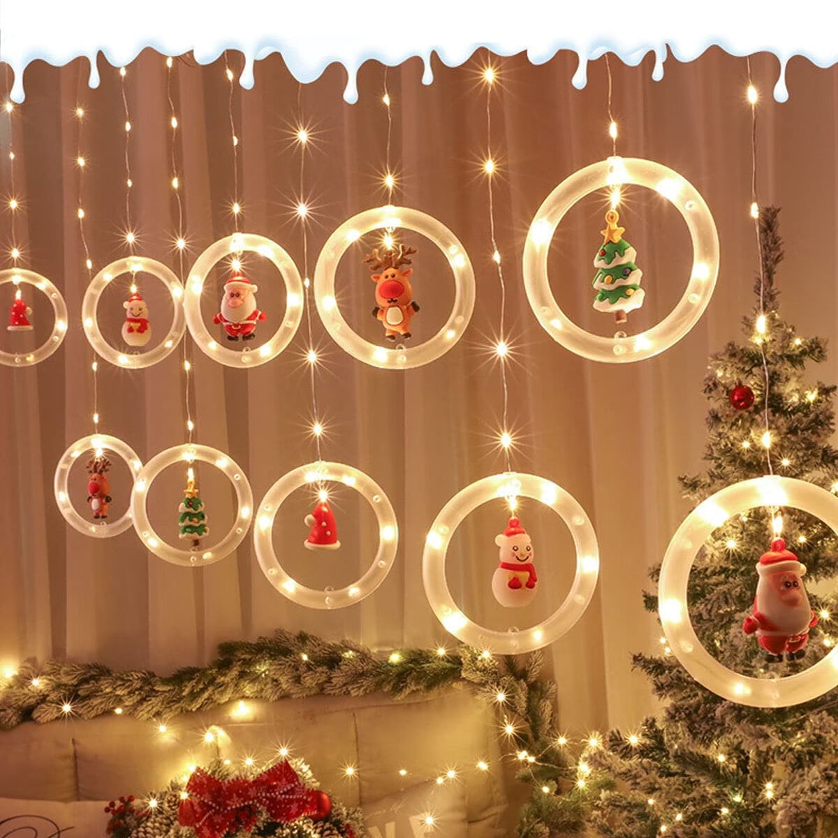 QEEMMY Christmas Window Curtain Hanging Lights, USB Powered with 10 Cute  DIY Christmas Decor, 120 LED Flashing Fairy Christmas Lights for Indoor  Outdoor, Xmas Tree Patio Bedroom Decor(Warm White) 