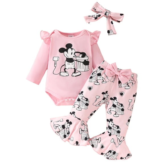 QEFJNO 0-18M 3Pcs Newborn Baby Girl Long Sleeve Outfits Set Ruffle Romper   Cute Mouse Flare Pants   Headband