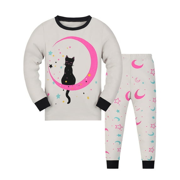 QEFJNO 2-9Y Big Girls Moon Cat Pajamas Children 2-Piece Pjs Long Sleeve Sleepwear Sets