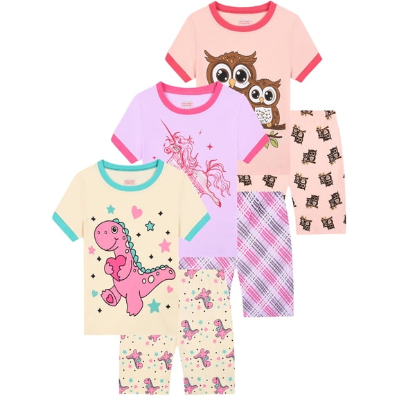 QEFJNO 3-10Y Kids Girls Pajamas Set Soft Viscose 2PCS Short Sleeve Sleepwear for Toddler Girls Dinosaur Pjs Summer