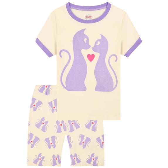 QEFJNO 3-10Y Kids Girls Pajamas Set Soft Viscose 2PCS Short Sleeve Sleepwear for Toddler Girls Kitten Pjs Summer
