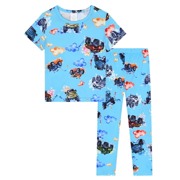 QEFJNO 3-12Y Boys Pajamas Little Big Boys Pajamas Short Sleeves and Pants 2 Pieces Summer Pjs Set Kid Truck Sleepwear