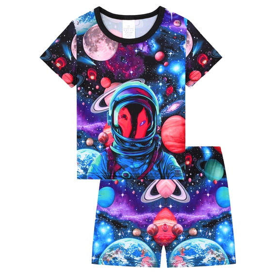 QEFJNO 3-12Y Kids Boys Pajamas Set 2 PCS Short Sleeve Top and Shorts Pants for Toddler Boys Astronaut Pjs Summer