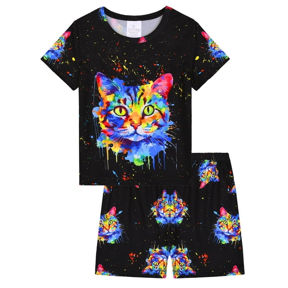 QEFJNO 3-12Y Kids Boys Pajamas Set 2 PCS Short Sleeve Top and Shorts Pants for Toddler Boys Cat Pjs Summer