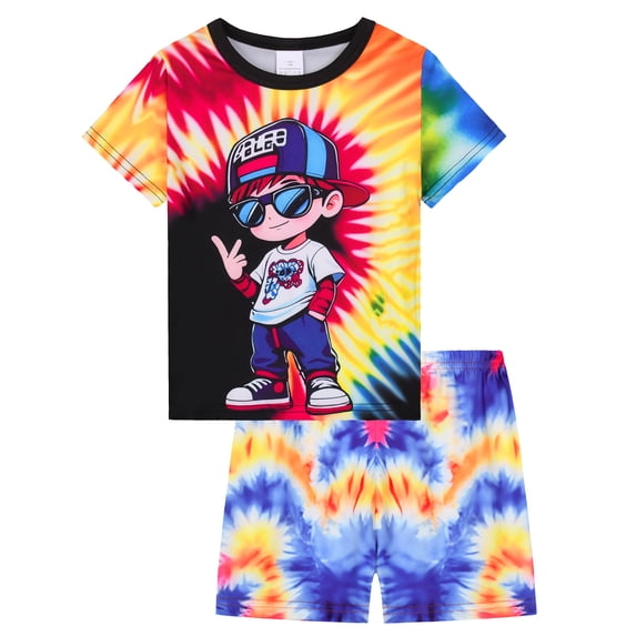 QEFJNO 3-12Y Kids Boys Pajamas Set 2 PCS Short Sleeve Top and Shorts Pants for Toddler Boys Hip-hop Pjs Summer