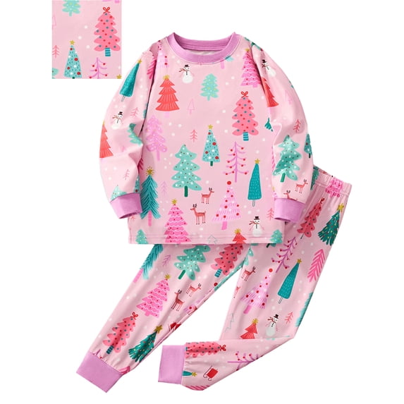 QEFJNO 3-8Y Little Girls Christmas Tree Pajamas 2-Piece Pjs Set Kids Long Sleeve and Pants Sleepwear Toddler Jammies