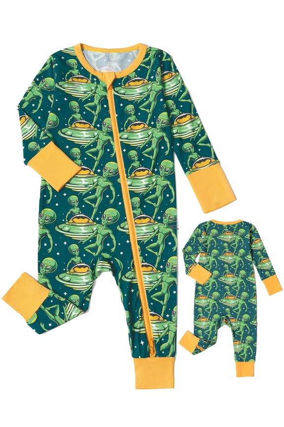 Bamboo Newborn Baby Boys Footless One-Piece Pajamas, Zipper Romper with Mitten, Infant Long Sleeve Sleepers - Alien Spacecraft