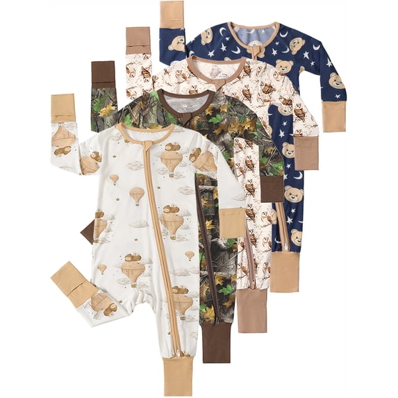 QEFJNO Bamboo Viscose Baby Boys One-Piece Footies Pajamas, Zipper Romper with Mitten, Footless Sleepers - 1PCS Balloon