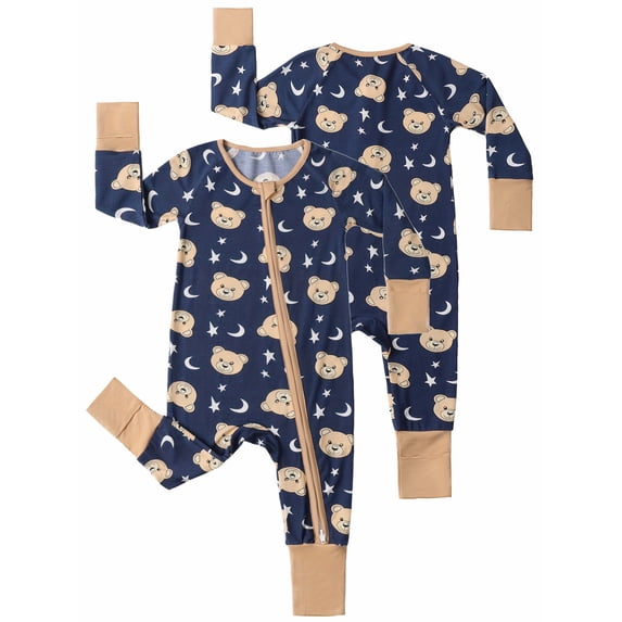 QEFJNO Bamboo Viscose Baby Boys One-Piece Footies Pajamas, Zipper Romper with Mitten, Footless Sleepers - Bears
