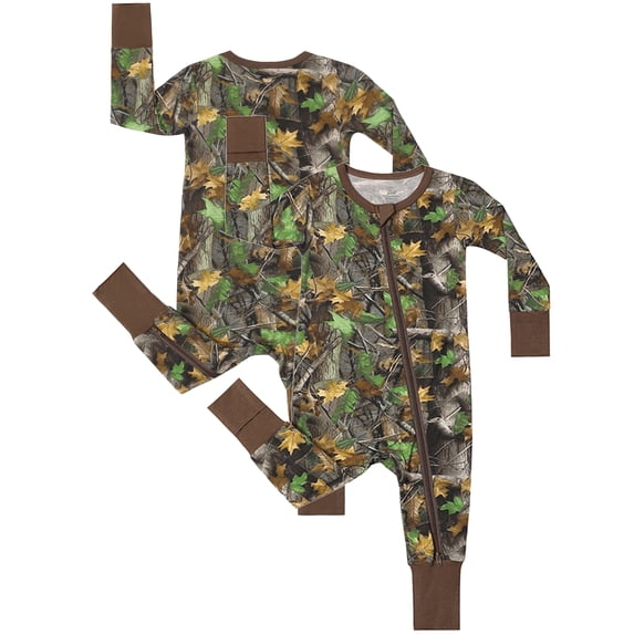 QEFJNO Bamboo Viscose Baby Boys One-Piece Footies Pajamas, Zipper Romper with Mitten, Footless Sleepers - Leaves