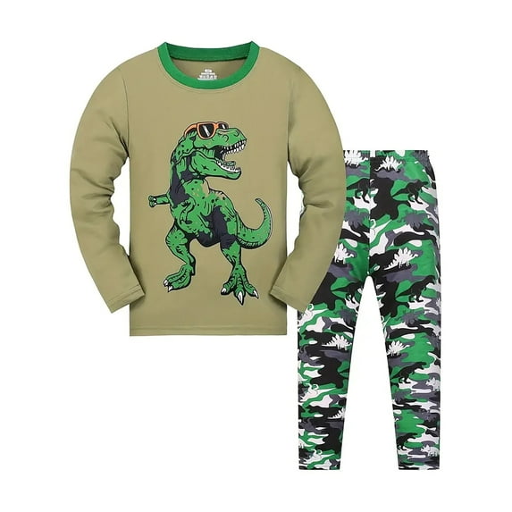 QEFJNO Kids Pajamas Set Toddler Boys Long Sleeve Cotton Sleepwear Lounge Set for 2-9 Years - Camo Dinosaur