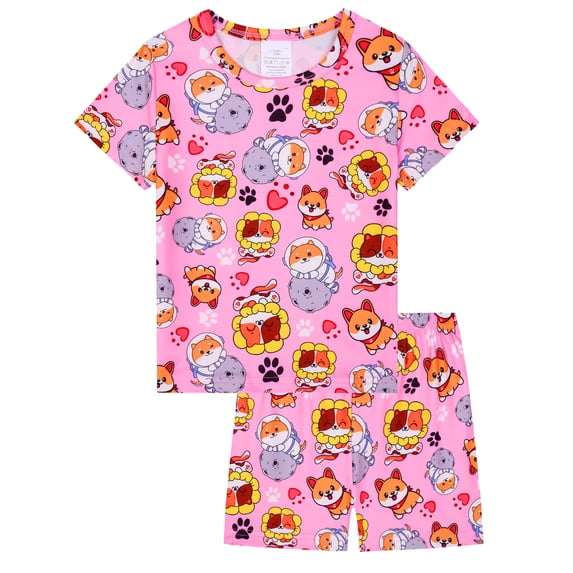 QEFJNO Kids Girls Pajamas Set 2 PCS Short Sleeve Top and Shorts Pants for Toddler Girls Animals Pjs Size 3-12Y