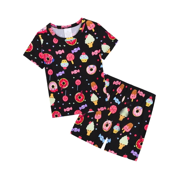 QEFJNO Kids Girls Pajamas Set 2 PCS Short Sleeve Top and Shorts Pants for Toddler Girls Donut Pjs Size 3-12Y