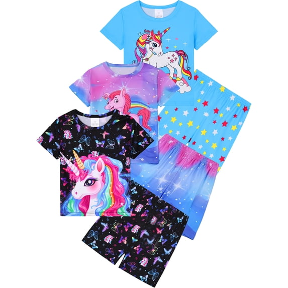 QEFJNO Kids Girls Pajamas Set 2 PCS Short Sleeve Top and Shorts Pants for Toddler Girls Unicorn Pjs Size 3-12Y