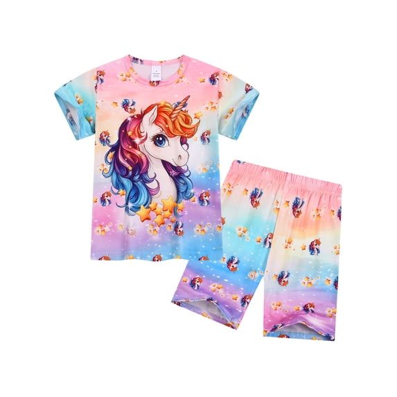 QEFJNO Kids Girls Pajamas Set 2 PCS Short Sleeve Top and Shorts Pants for Toddler Girls Unicorn Pjs Size 3-8Y
