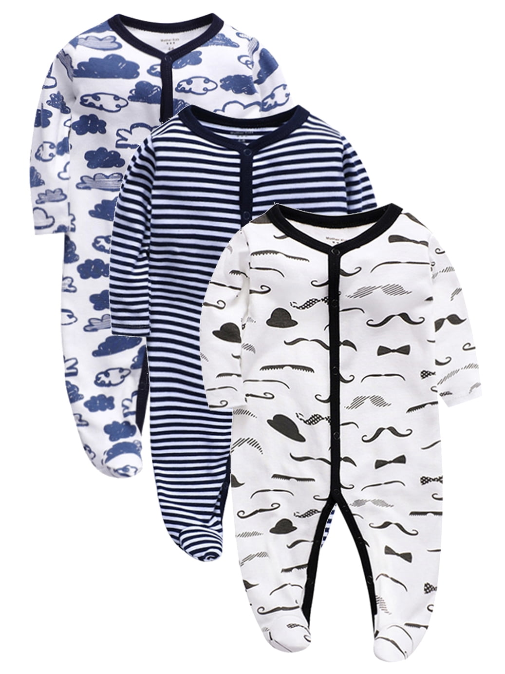 QEFJNO Newborn Baby Boys' 3-pack Sleep and Play Footies Pajamas One-Piece Sleeper Button Jumpsuit Cotton Striped PJs