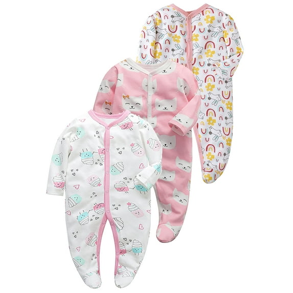 QEFJNO Newborn Baby Girls' 3-pack Sleep and Play Footies Pajamas One-Piece Sleeper Button Jumpsuit Cotton Cat PJs